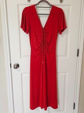 Michael Kors Red Ruched Flutter Sleeve Midi Dress Women’s M